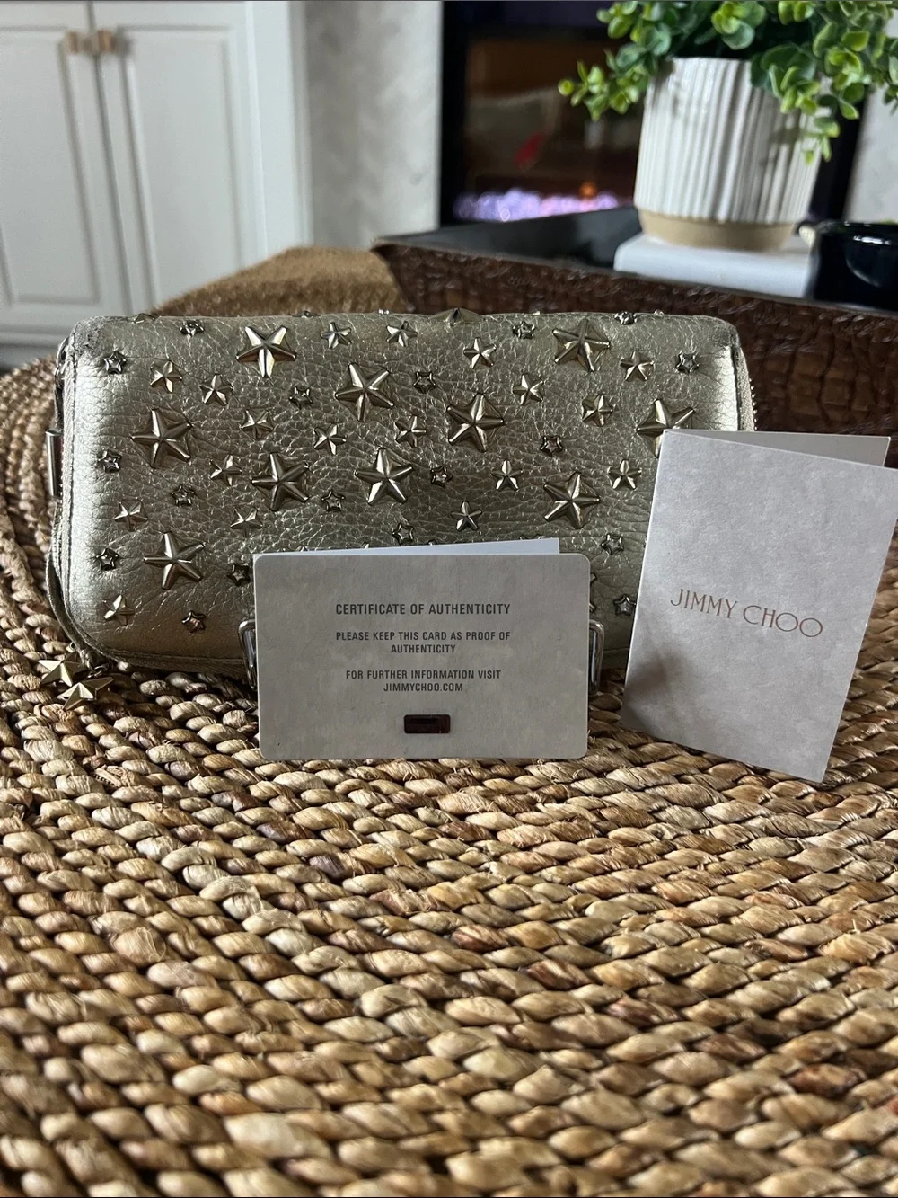 Jimmy Choo Filipa Metallic Star Studded Continental Zippy Wallet + COA Card